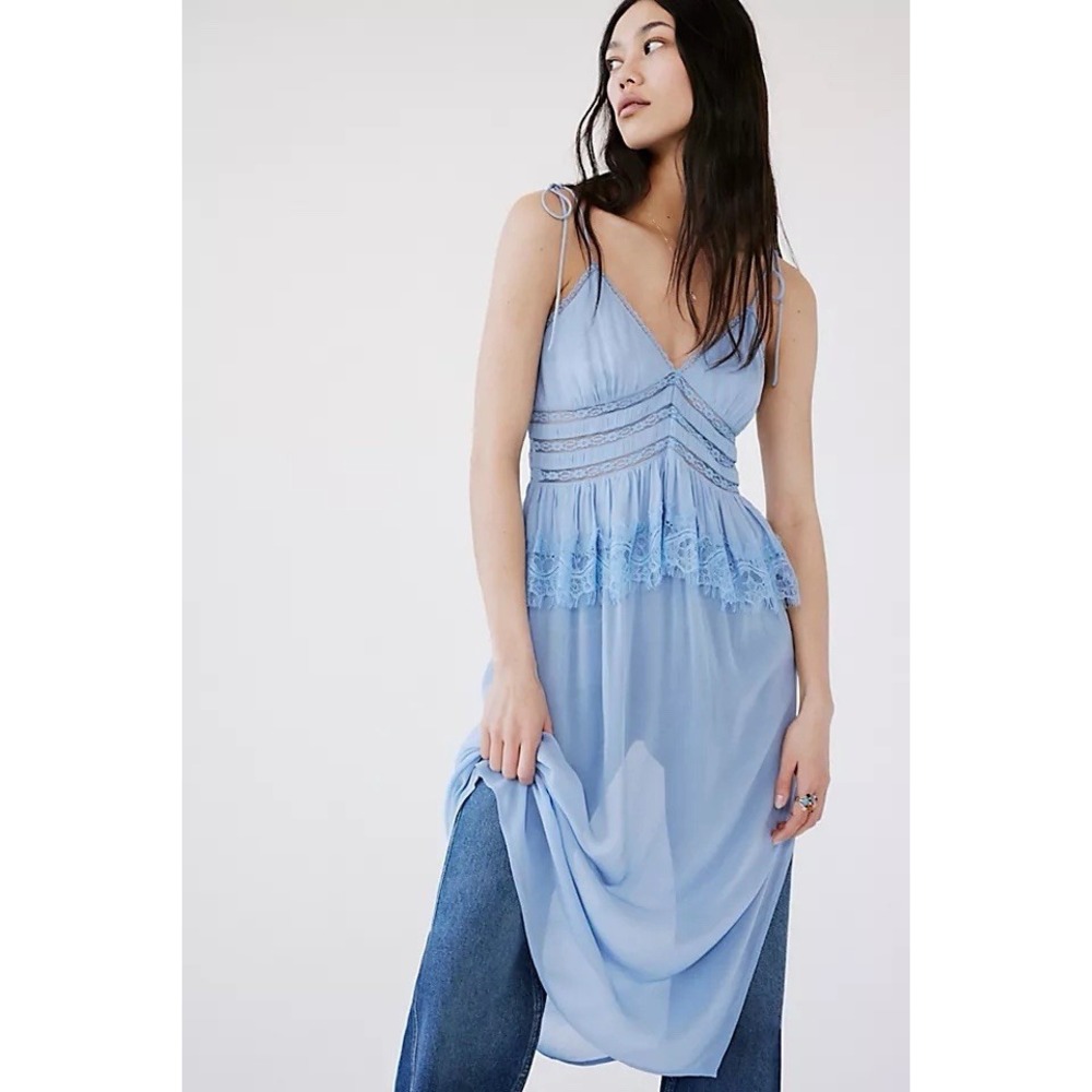 Free People Kiki Peplum Sheer Ruffed Lace Trims MIDI Slip Dress boho fairy sz XS